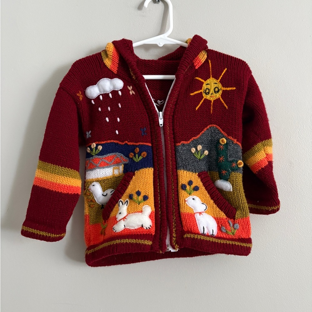 Native Import Arpillera Handmade Peruvian Zip Sweater Multicolor Hooded 12-18 Mo